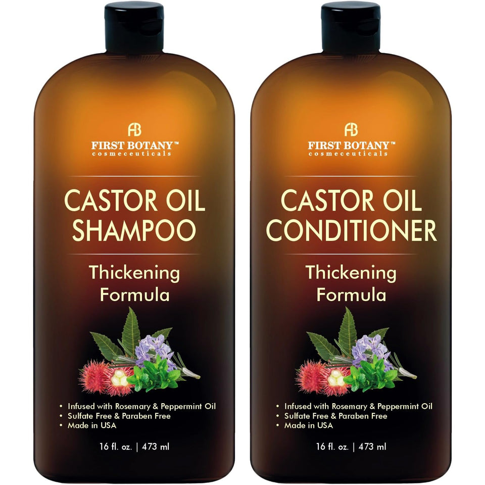First Botany castor oil shampoo and conditioner front packaging showing 16 oz bottles and benefits