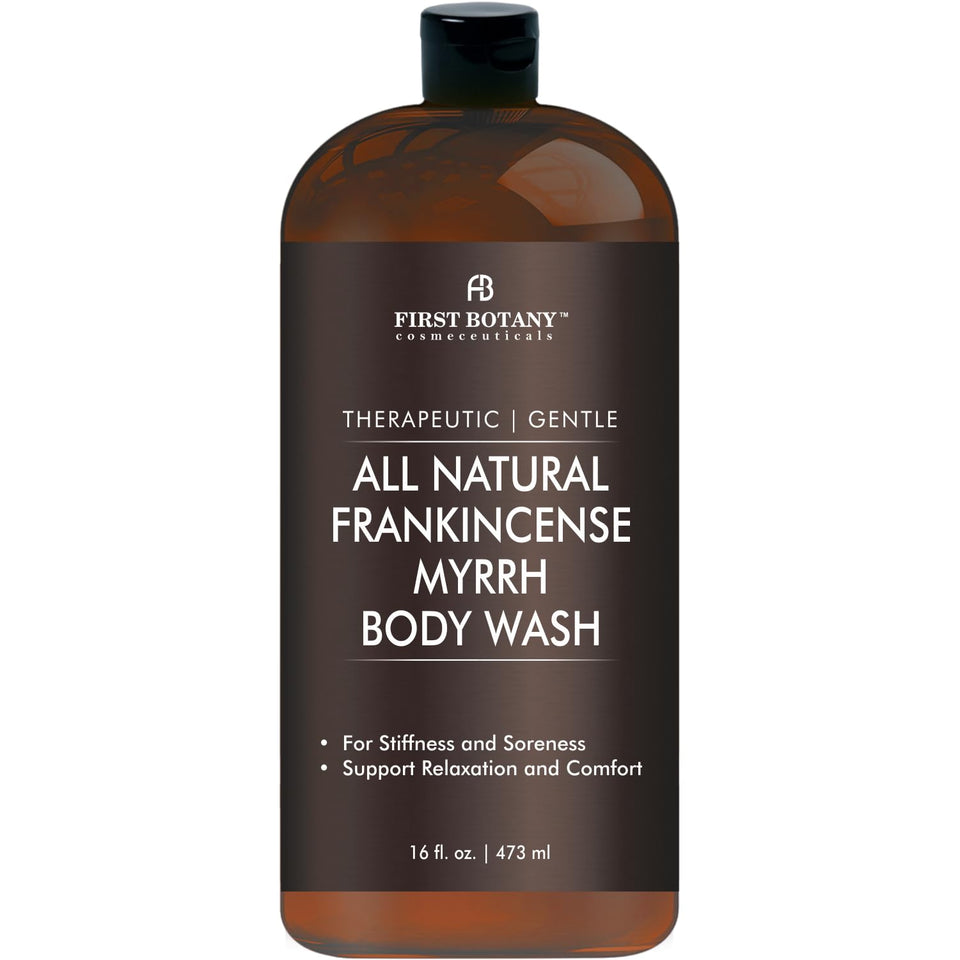 First Botany front bottle view showing label and frankincense myrrh scent for clean skin