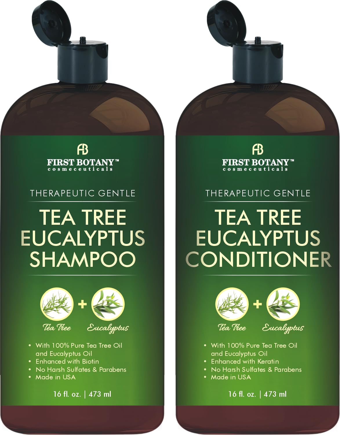 First Botany front bottles showing clarifying shampoo and conditioner benefits