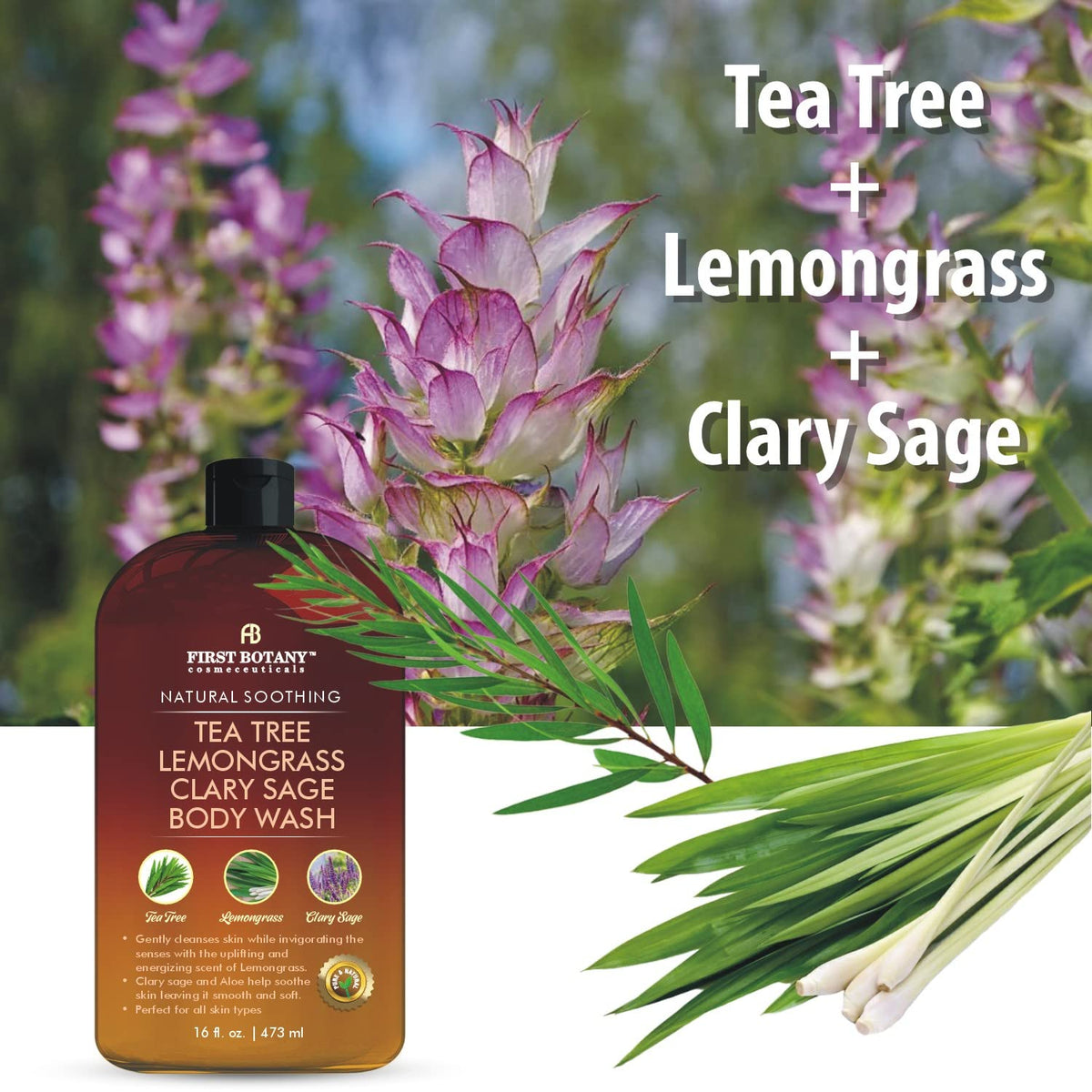 First Botany botanicals display of tea tree, lemongrass, clary sage highlighting natural actives
