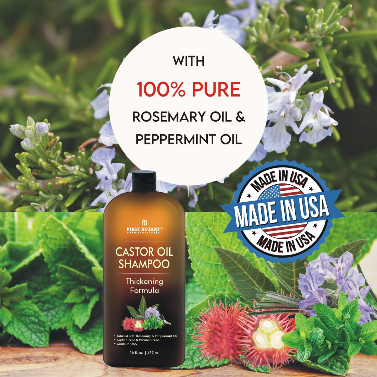 First Botany castor oil bottle with rosemary illustrating natural botanical blend