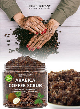 First Botany ingredients spread: Arabica coffee, coconut, shea butter illustrating natural formulation