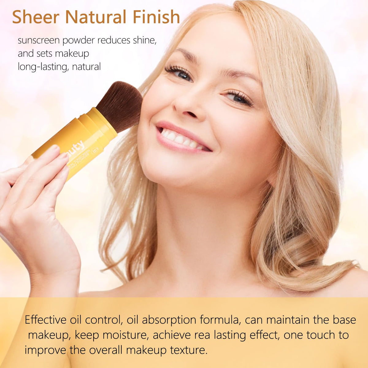 firstfly model applying brush powder to face for quick sunscreen and matte touch-up