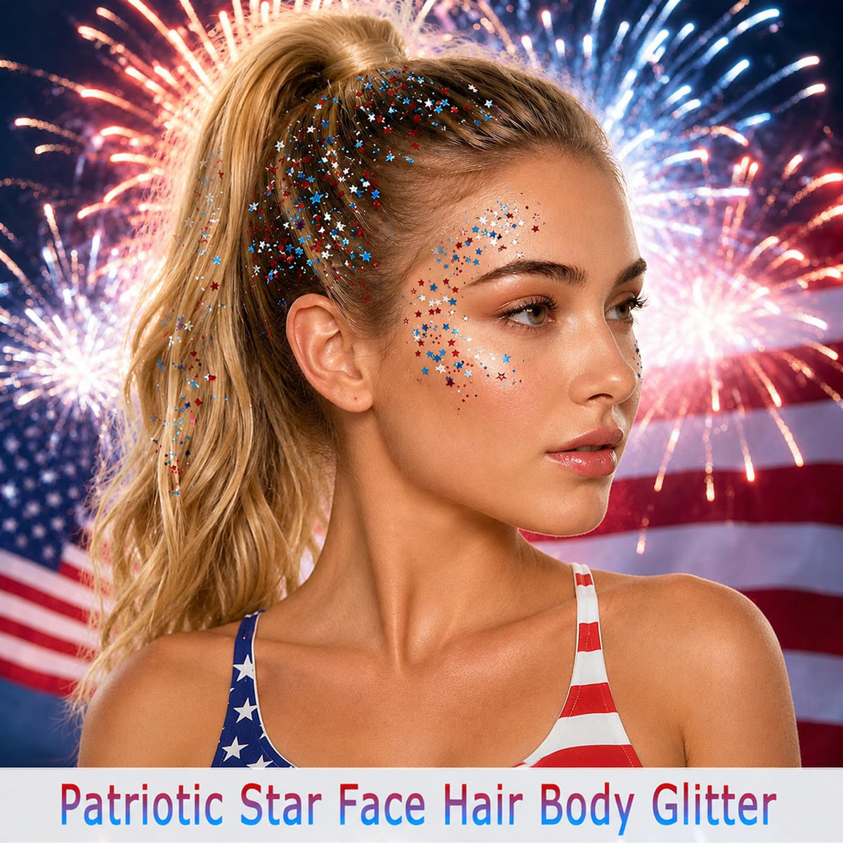 firstfly macro glitter texture in red white blue highlighting shimmer and safe formula