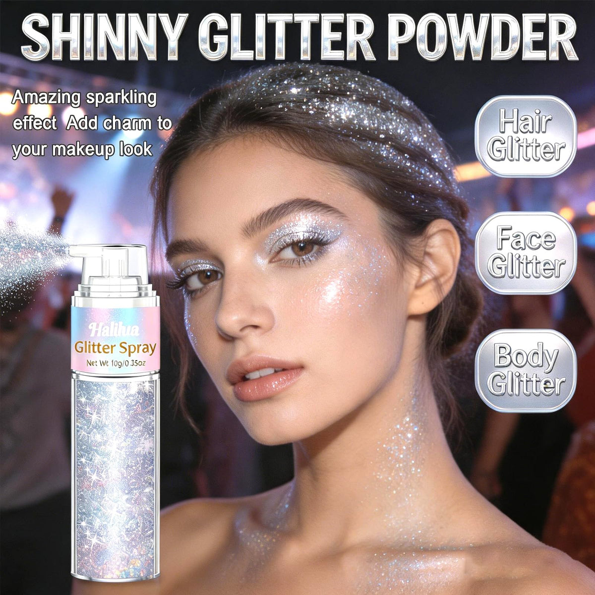 firstfly close-up mist spray dispersing ultra-fine glitter for even, streak-free coverage