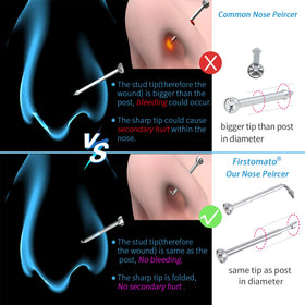 Firstomato piercing gun side profile displaying foldable stud design and easy operation benefit