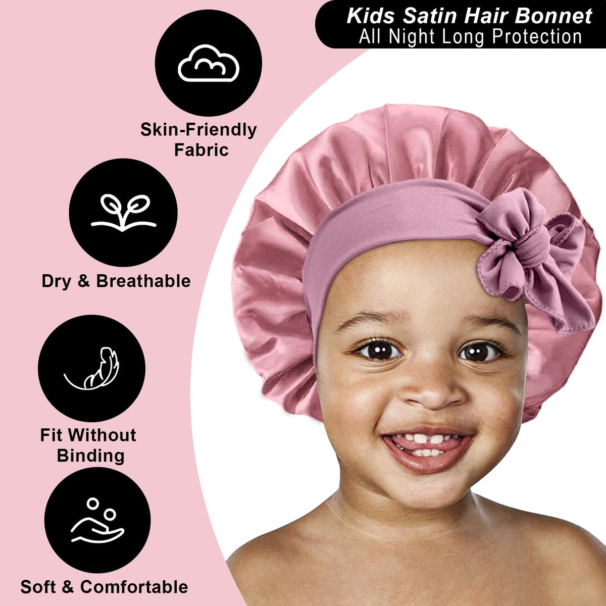 FIRSTPELLA child wearing rose gold bonnet illustrating comfortable overnight use