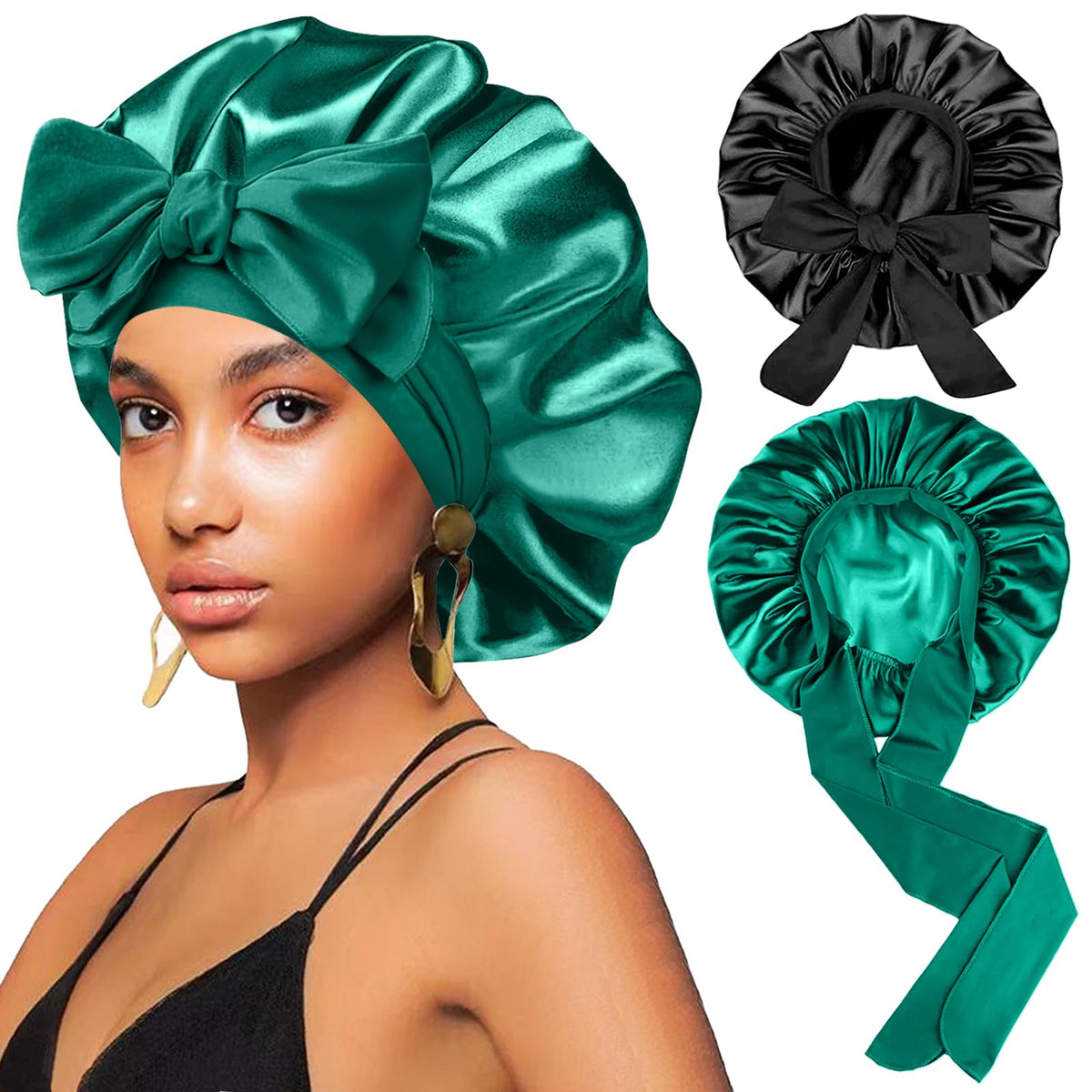 FIRSTPELLA front view of black and green satin bonnets showing compact packaging and color benefit