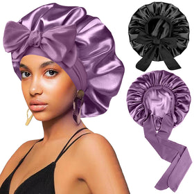 FIRSTPELLA front view of black and purple bonnet set showing colors and size benefit