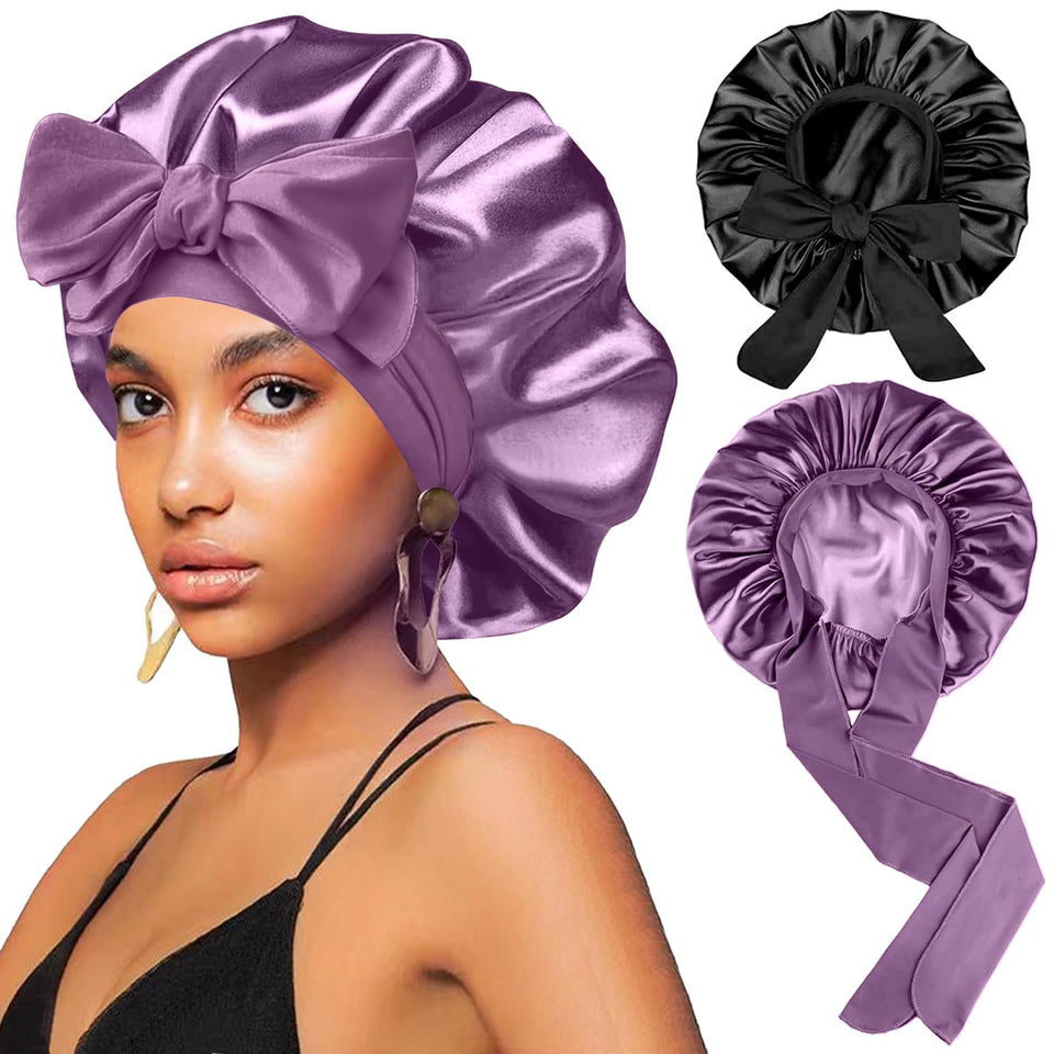FIRSTPELLA front view of black and purple bonnet set showing colors and size benefit