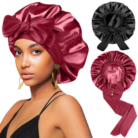 FIRSTPELLA front view of two bonnets showing black and wine red, protects hair overnight