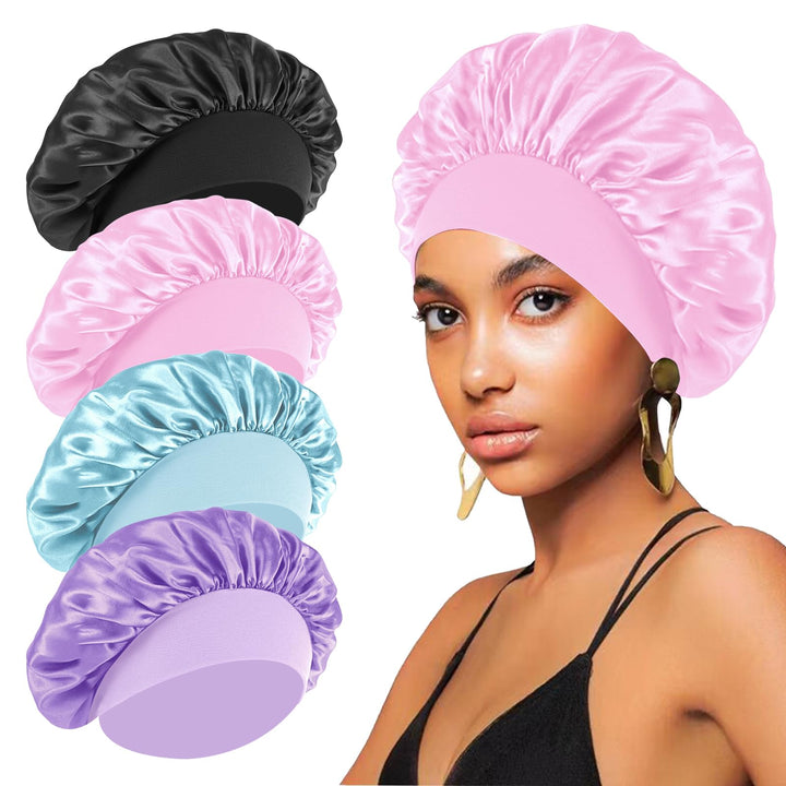 FIRSTPELLA front view of four satin bonnets showing colors and fit benefit