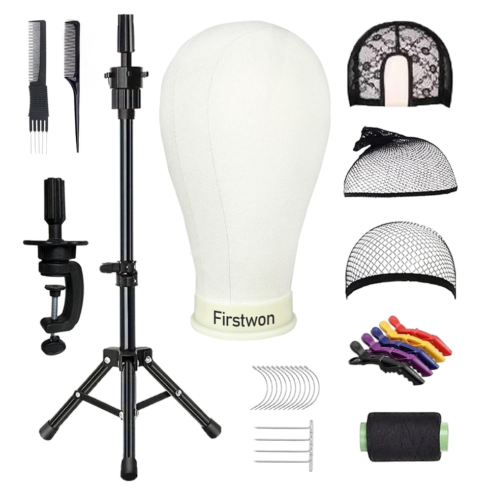 Firstwon canvas wig head front view on adjustable tripod showing stable display