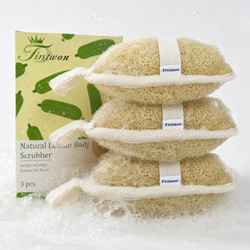 Firstwon loofah front pack showing three natural sponges and eco benefit