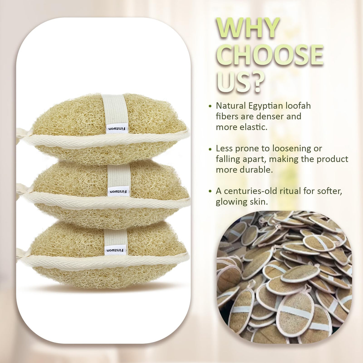 Firstwon loofah held in hand showing actual size and comfortable grip