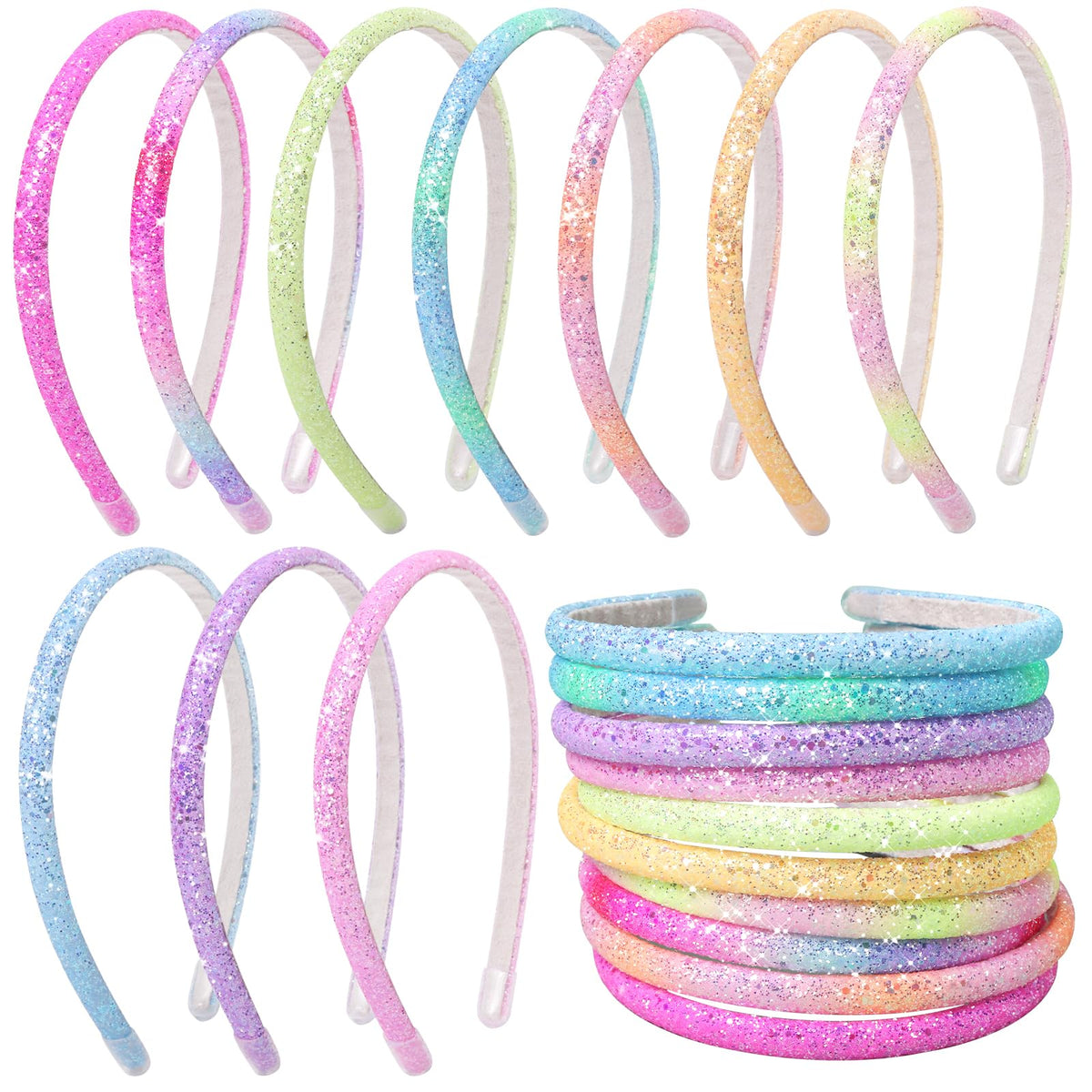 Fishdown front packaging showing ten glitter headbands and clear set benefit