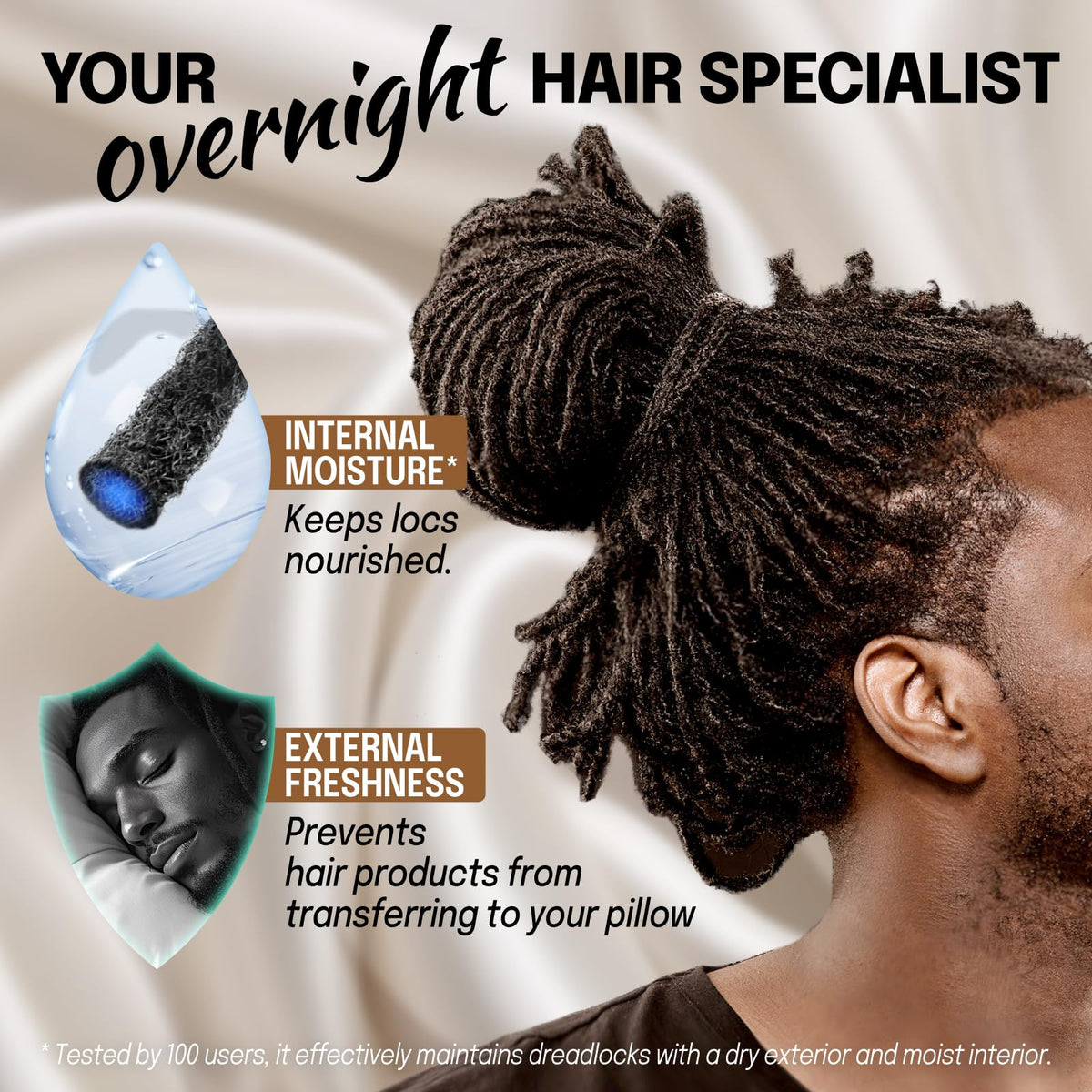 Fittia bonnet on model with dreadlocks showing full coverage benefit: protects long styles