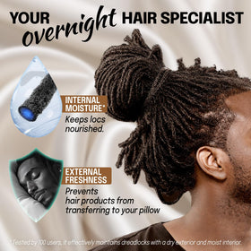 Fittia bonnet on model with dreadlocks showing full coverage benefit: protects long styles