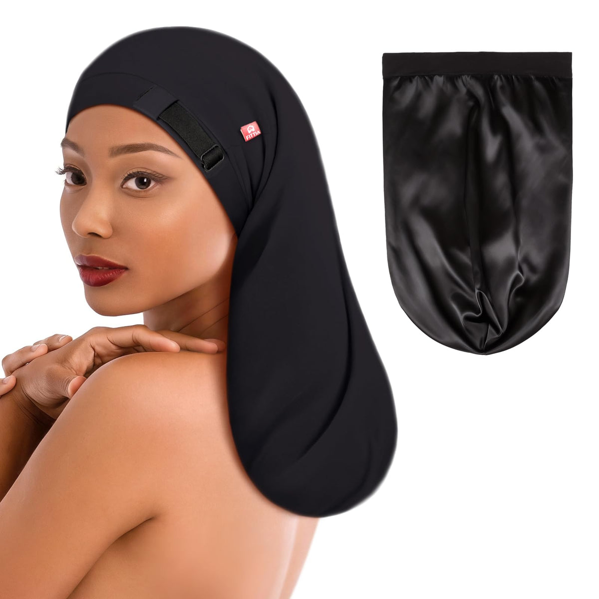 Fittia front view of long satin bonnet showing roomy fit benefit