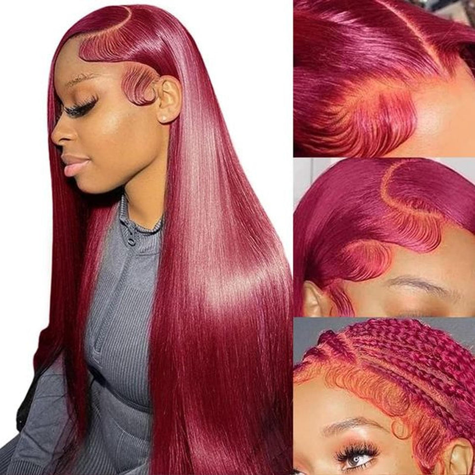 Fiumer front full length 99J wig showing rich burgundy color and straight texture