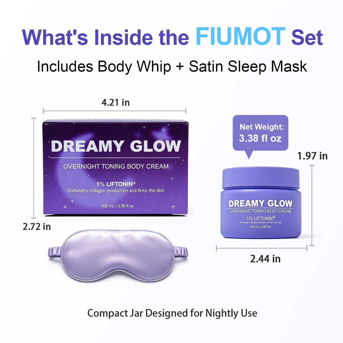 FIUMOT satin eye mask paired with jar suggesting calming bedtime ritual benefit