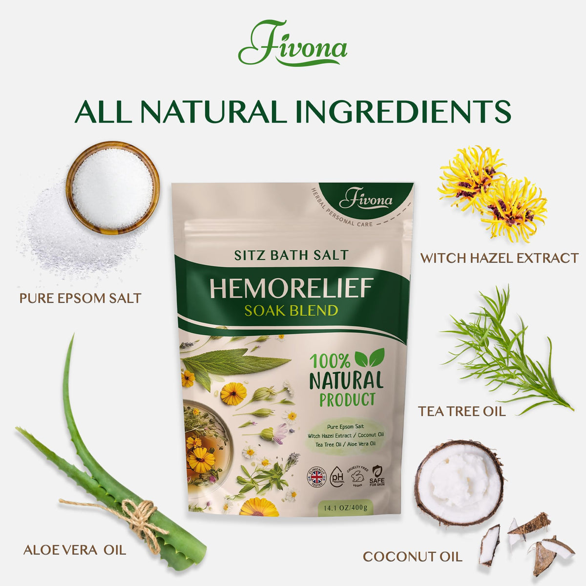 FIVONA close-up of Epsom salt and witch hazel ingredients clarity