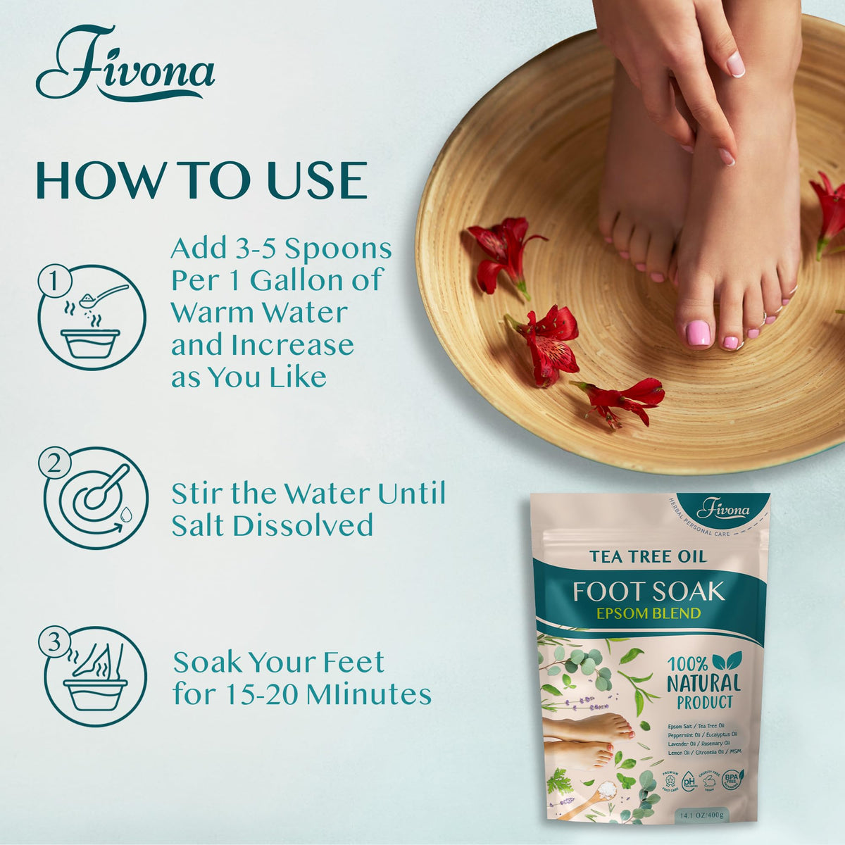 FIVONA label ingredient list close-up confirming natural oils and Epsom salt blend