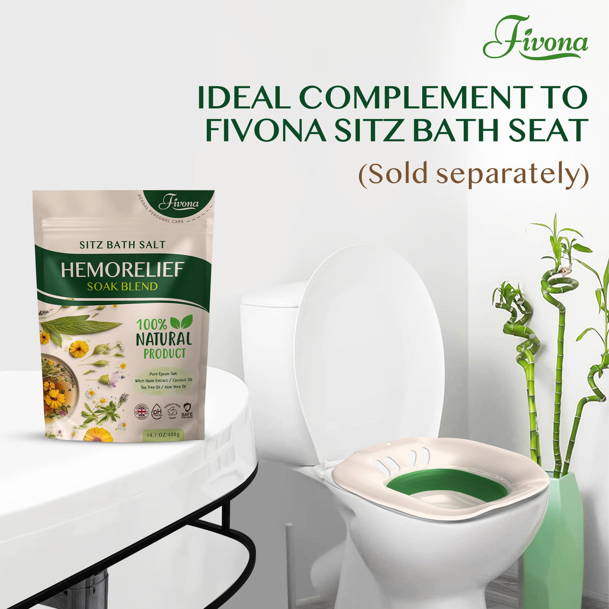 FIVONA jar next to hand to show 14.1 oz size and scale