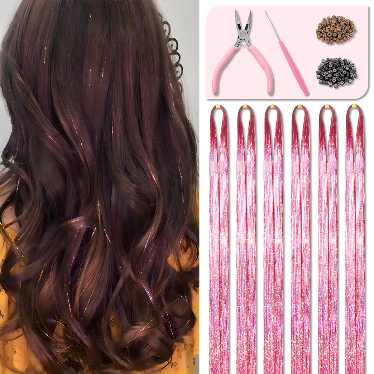 Fiwecos front packaging showing pink tinsel kit and included tools for easy styling