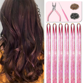 Fiwecos front packaging showing pink tinsel kit and included tools for easy styling