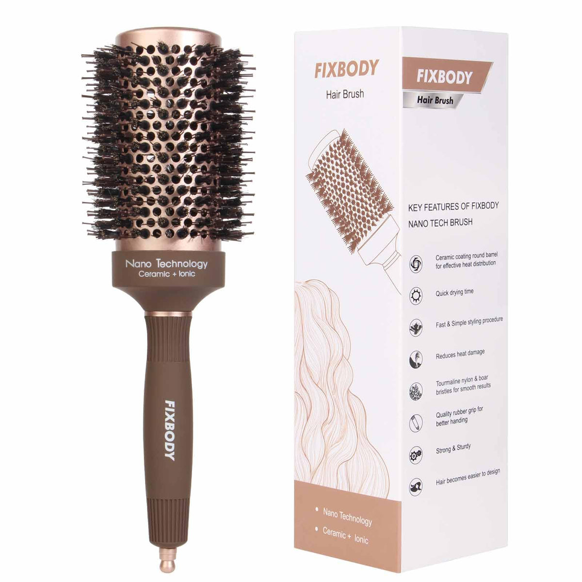 FIXBODY front view of round brush showing barrel and bristles for efficient styling