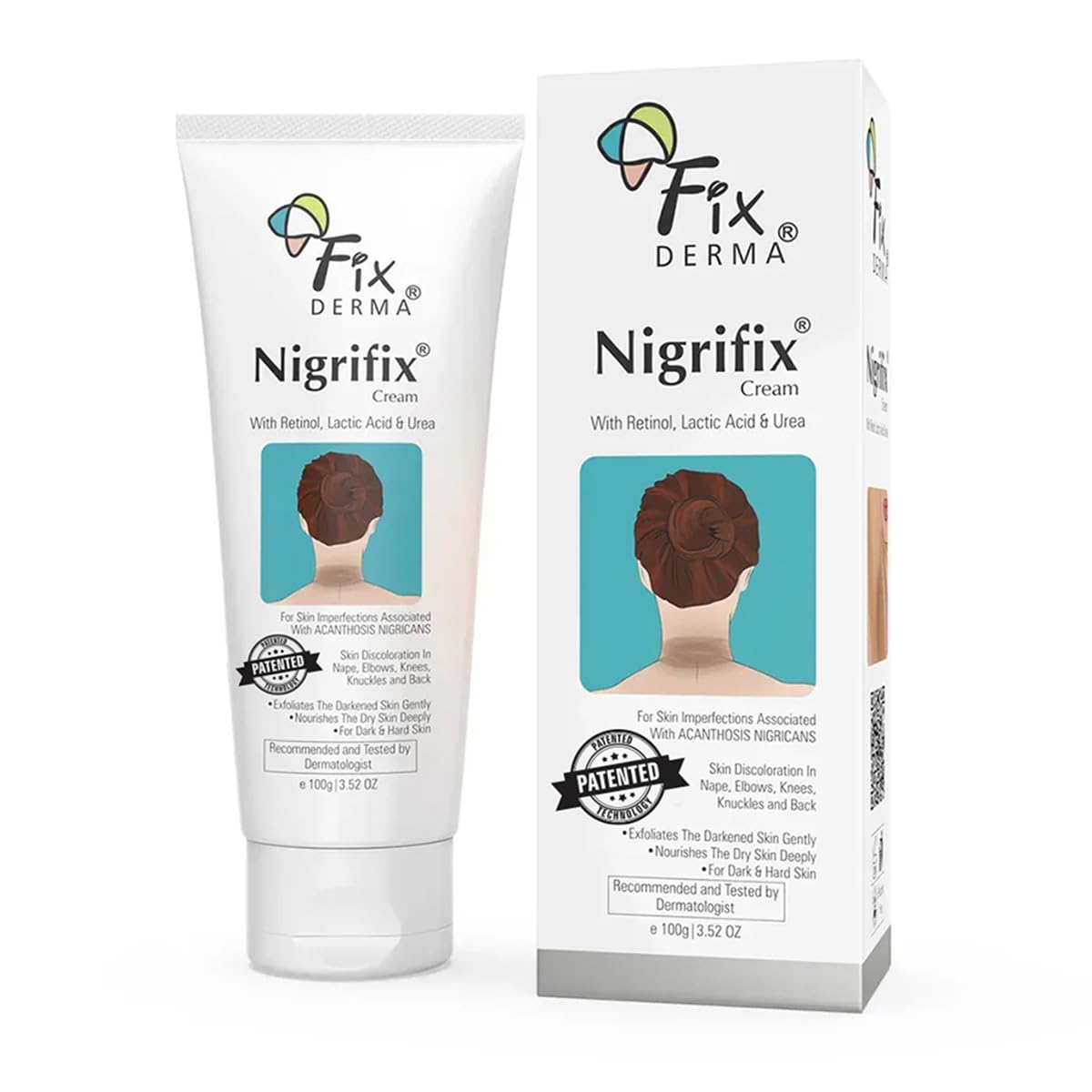 FIXDERMA schematic before and after for elbows and armpits showing expected texture improvement