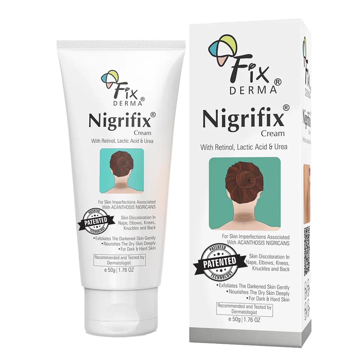 FIXDERMA Nigrifix front packaging showing cream tube and branding, clear product benefit