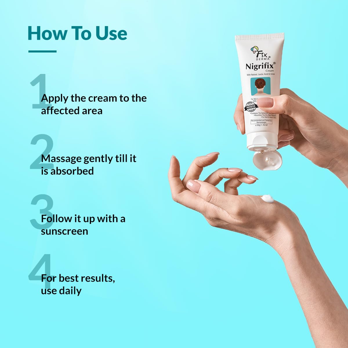 FIXDERMA Nigrifix tube beside a hand to show 1.76 oz scale and travel-friendly size