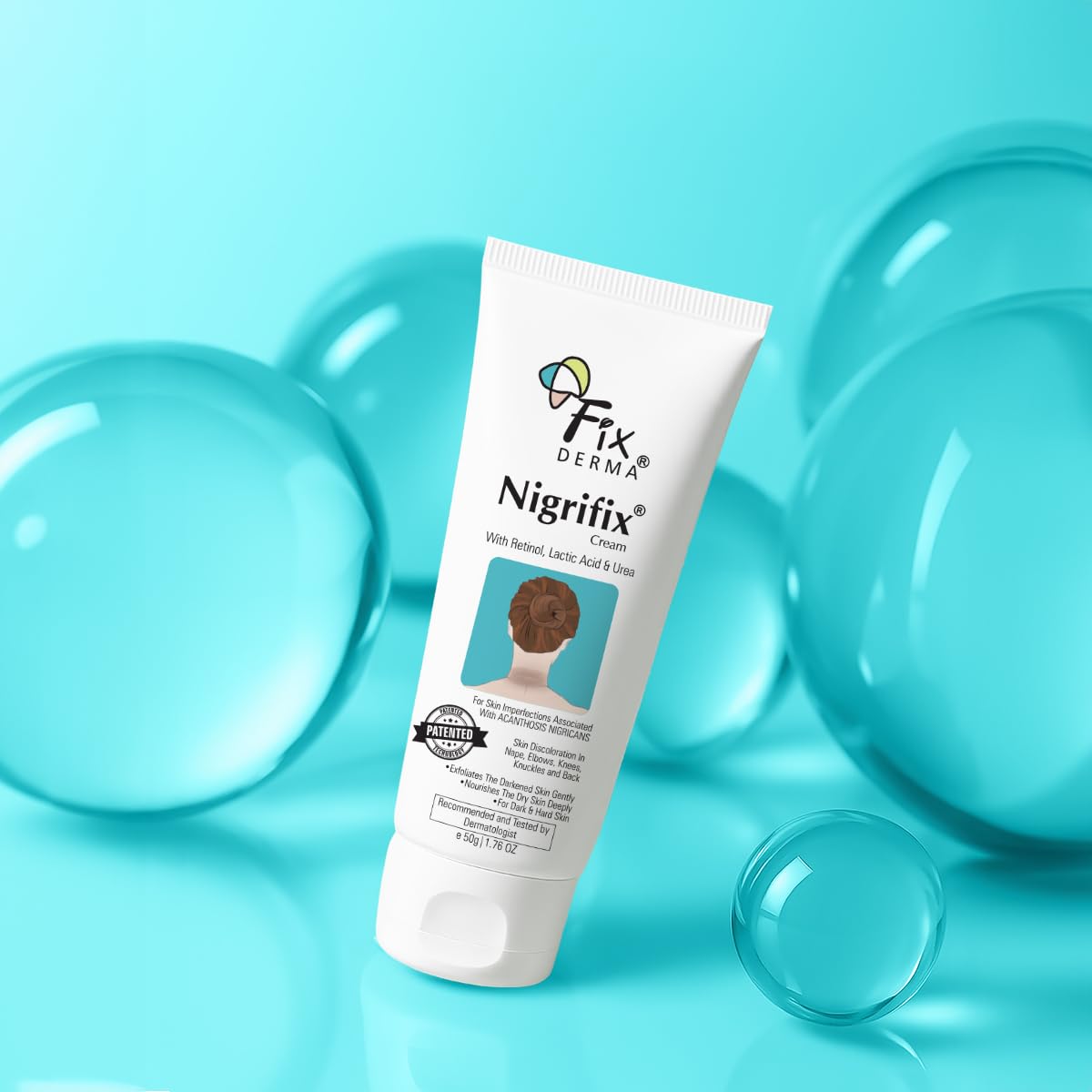 FIXDERMA Nigrifix tube close-up label highlighting retinol and lactic acid benefits