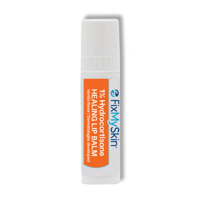 FixMySkin front tube showing vanilla-labelled healing lip balm and fast relief