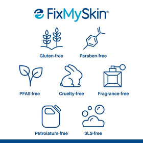 FixMySkin packaging label close-up showing dermatologist-developed formulation benefits