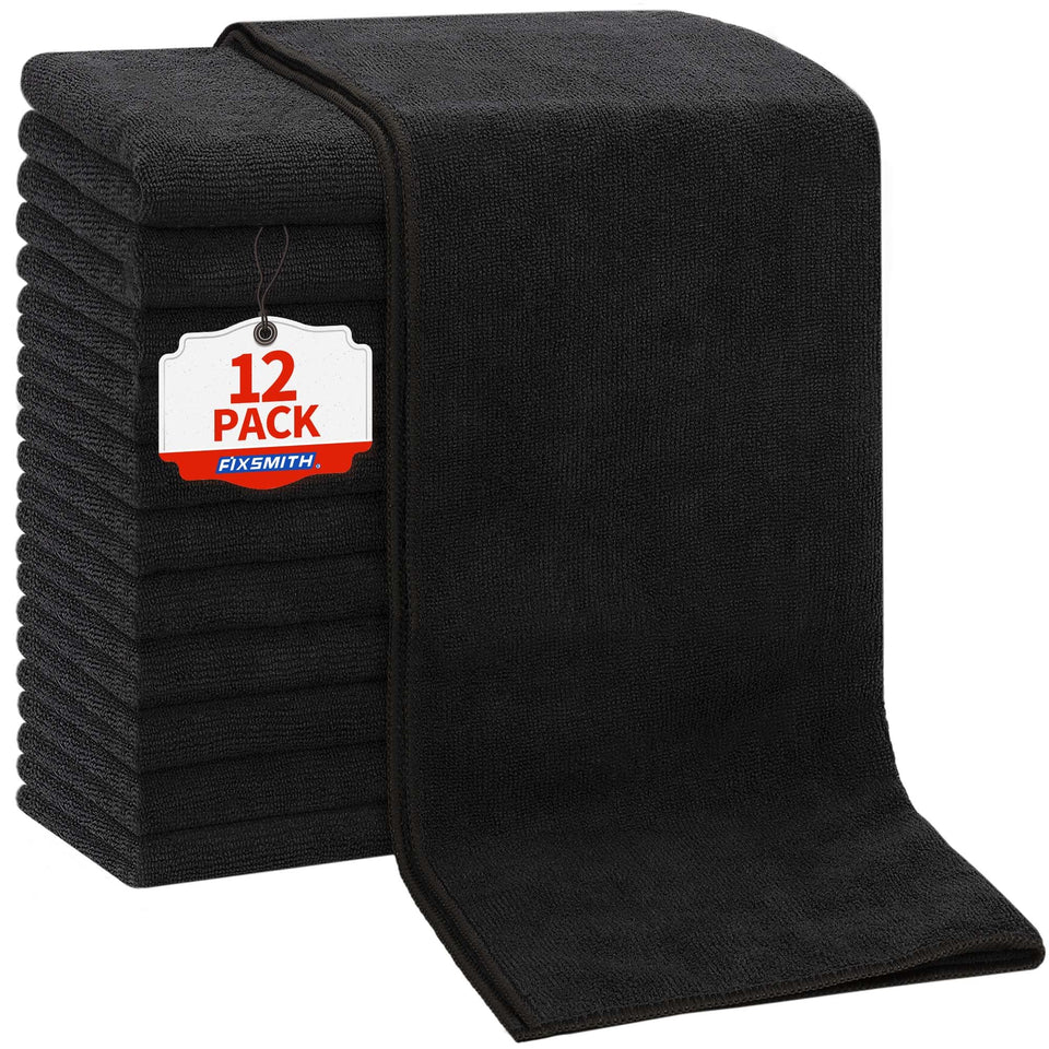 FIXSMITH front pack view showing 12 black salon towels for organized storage