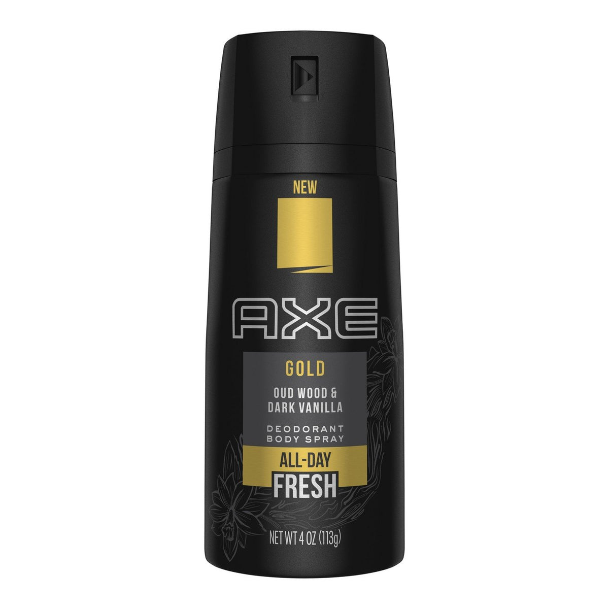FIYY6VC Axe Gold close-up of spray nozzle and label highlighting easy application benefit