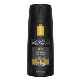 FIYY6VC Axe Gold close-up of spray nozzle and label highlighting easy application benefit