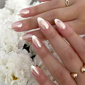 FJSMTOPl front view of French tip almond nails showing polished design benefit