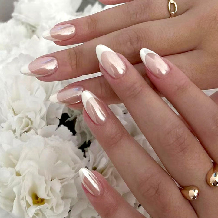 FJSMTOPl front view of French tip almond nails showing polished design benefit