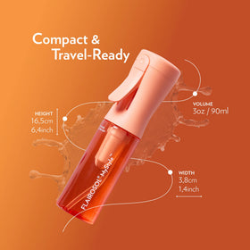 FLAIROSOL next to travel pouch and passport illustrating carry-on friendly size