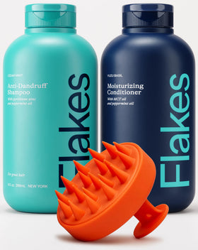 Flakes front packaging showing shampoo and conditioner, professional control