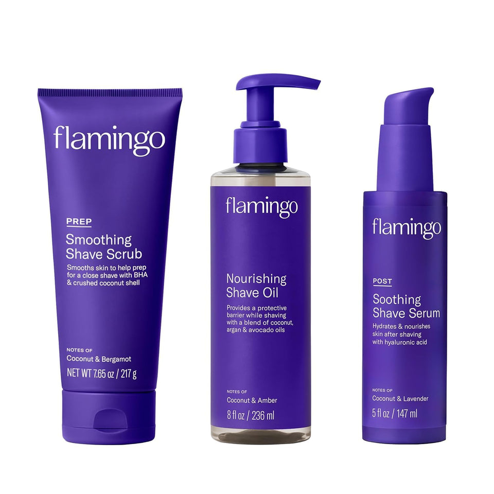 Flamingo front packaging showing complete three-step shave set and benefits