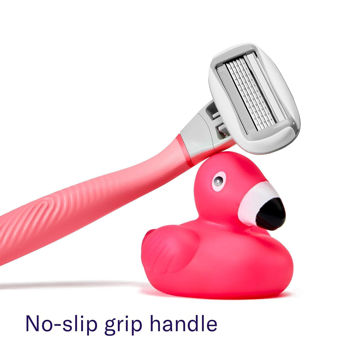 Flamingo five-blade cartridge detail showing blades and lubrication strip comfort