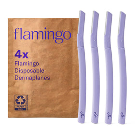 Flamingo dermaplane razor front packaging showing four disposable razors and benefits