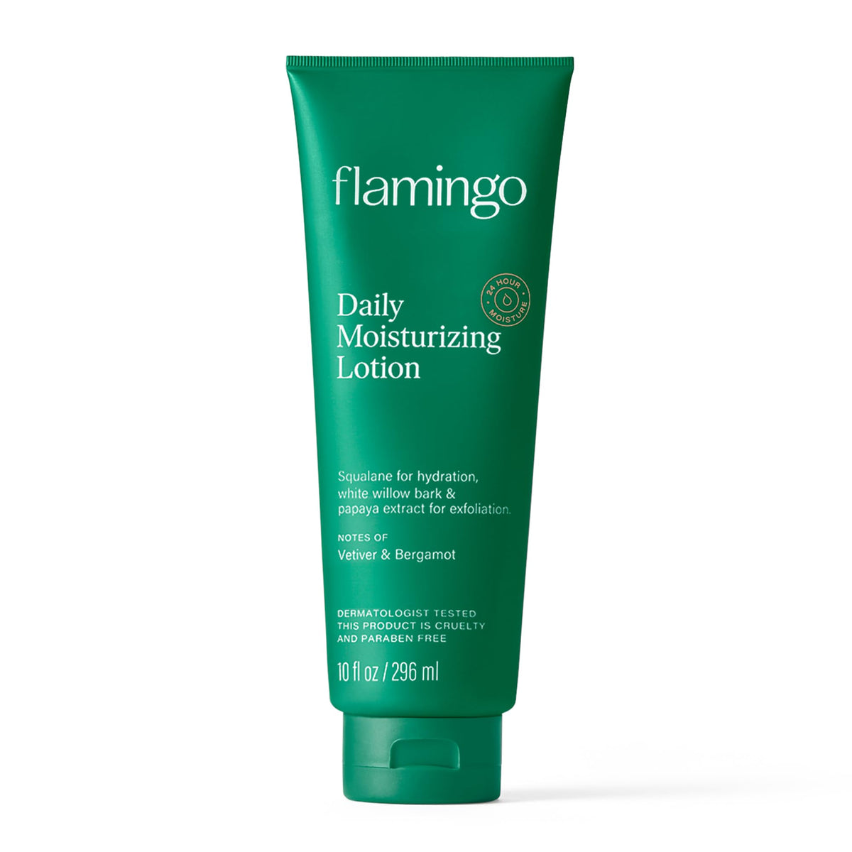 Flamingo front bottle showing label and 24 hour moisture benefit