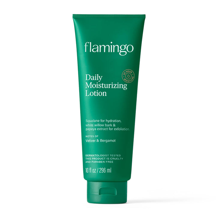 Flamingo front bottle showing label and 24 hour moisture benefit