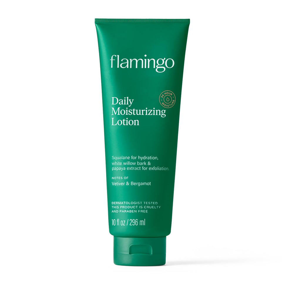Flamingo front bottle showing label and 24 hour moisture benefit